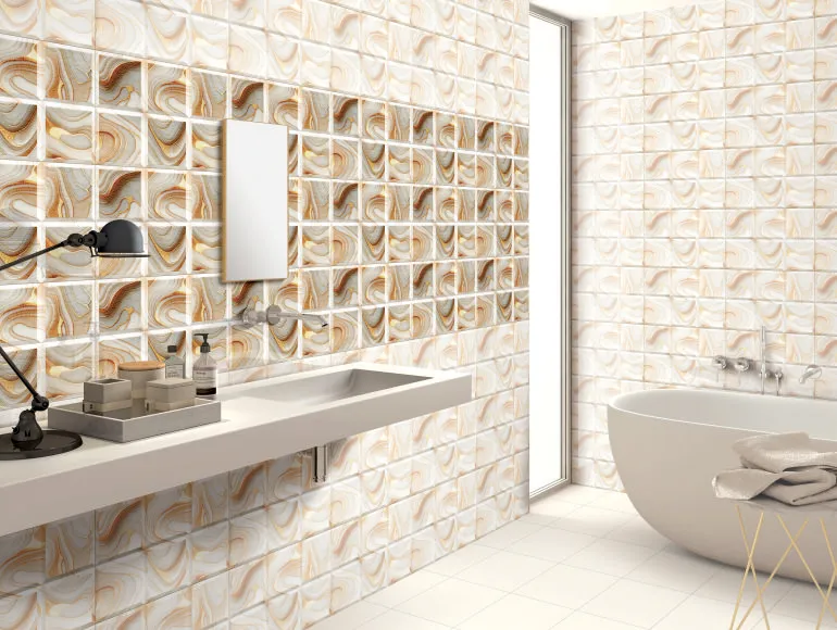 Luxurious mosaic bathroom design featuring abstract gold and cream tiles